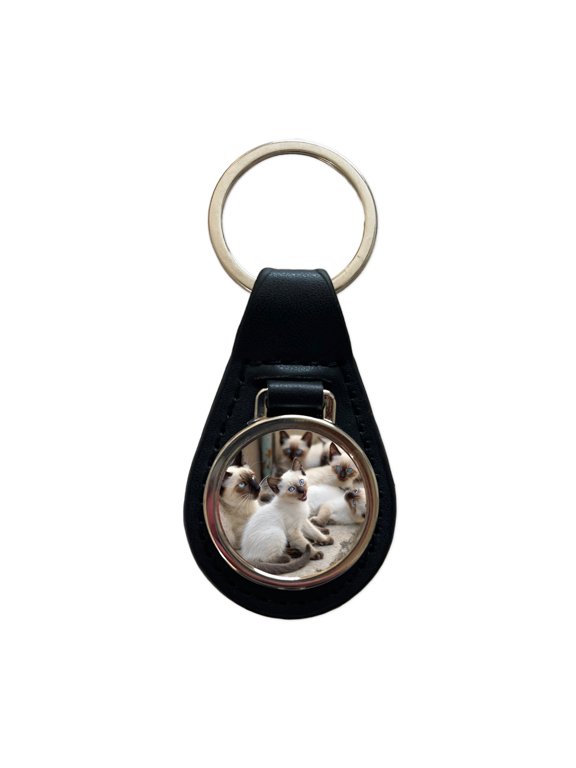 Bunch Of Siamese Cats Metal Black Leather Keychain