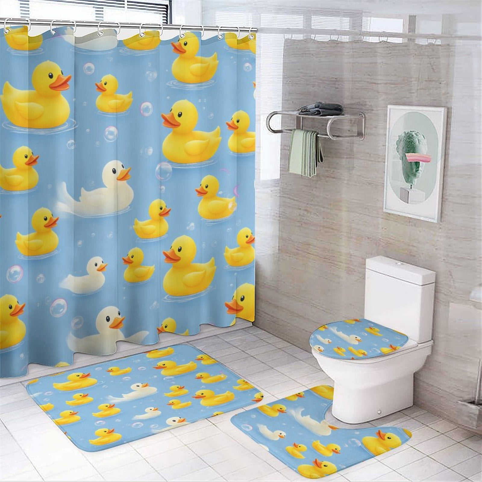 Bunch of Rubber Ducks Shower Curtain And Rugs Mat Set For Bathroom Bath Curtains Decoration Accessories Bathtub Screen 4 Pcs