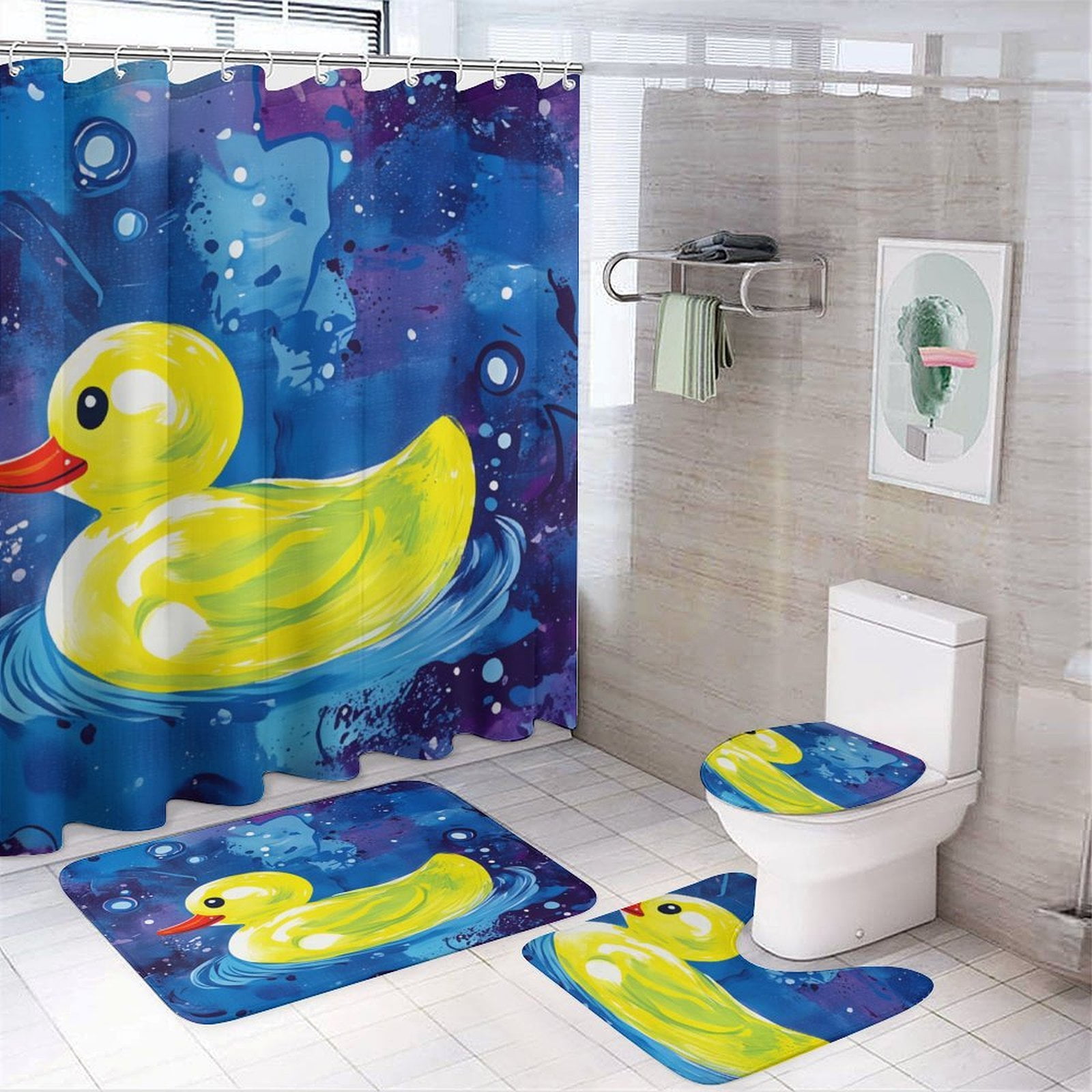 Bunch of Rubber Ducks Shower Curtain Bathroom Sets Toilet Lid Rug, Rugs Mat Bath Mat And Contour Mat, Shower Curtain 4Pcs