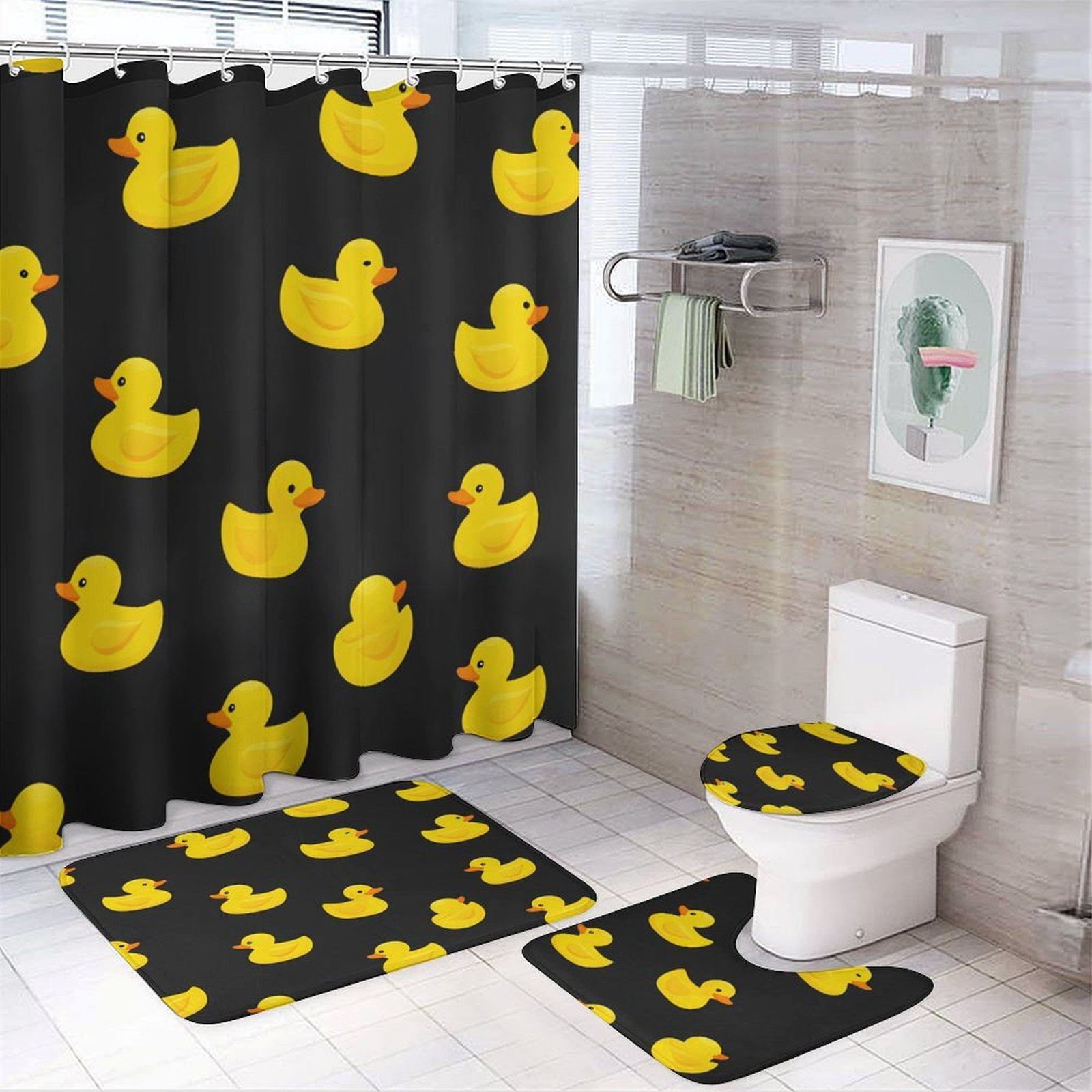 Bunch of Rubber Ducks Shower Curtain Bathroom Sets Toilet Lid Rug, Rugs Mat Bath Mat And Contour Mat, Shower Curtain 4Pcs