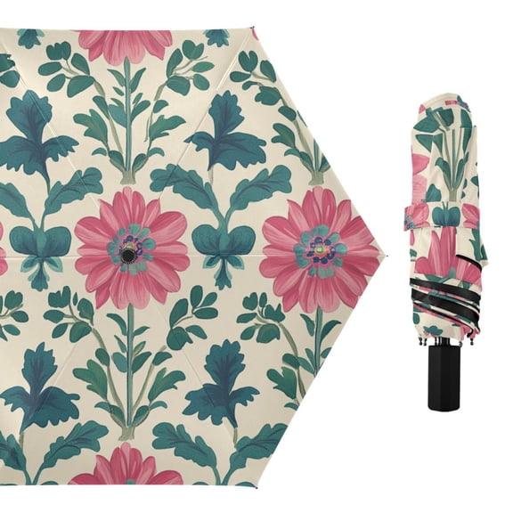 Bunches Of Pinkish Flowers Turquoise Leaves All Weather Umbrella Triple Folding Parasol 6 Ribs UV Protection Portable