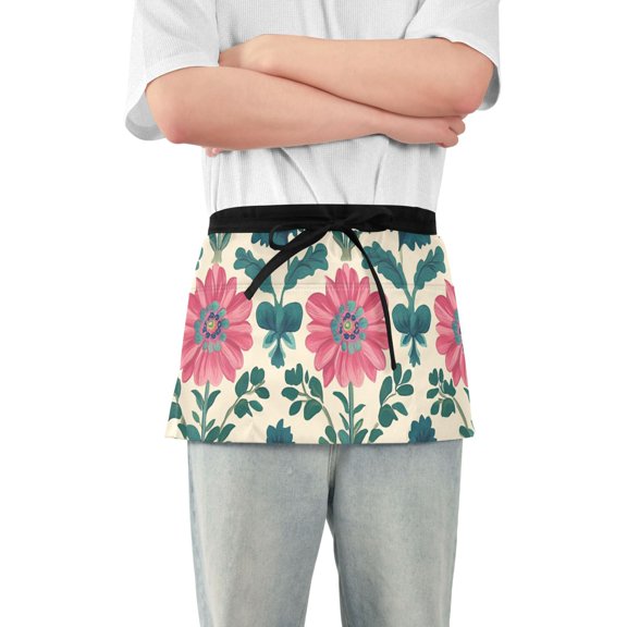 Bunches Of Pinkish Flowers Turquoise Leaves Short Server Apron with 3 Pockets for Unisex Chef Gardening