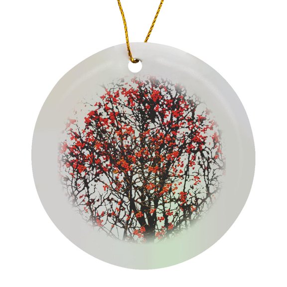 3drose, Bunches of Rowan Berries, Black Tree, White Background, Circle Porcelain Ornament