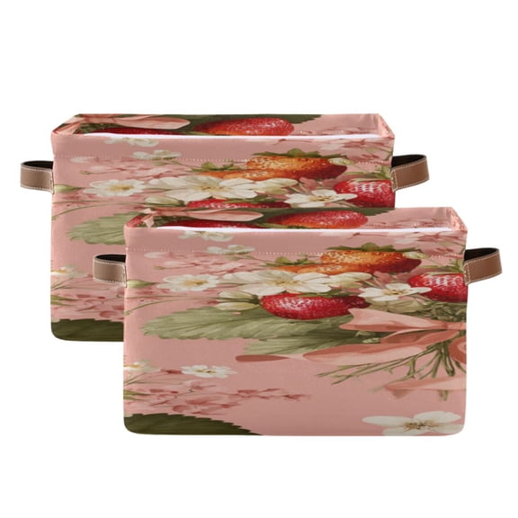 Bunches Of Strawberries Flowers with Bows Square Storage Bins with Handles Collapsible Containing Box 2 Packs