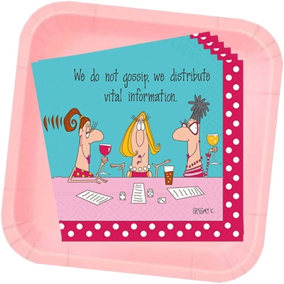 Bunco Gossip & Pink Plate Set, Cocktail Size Party Plates for Bunco Night Snacks & Appetizers