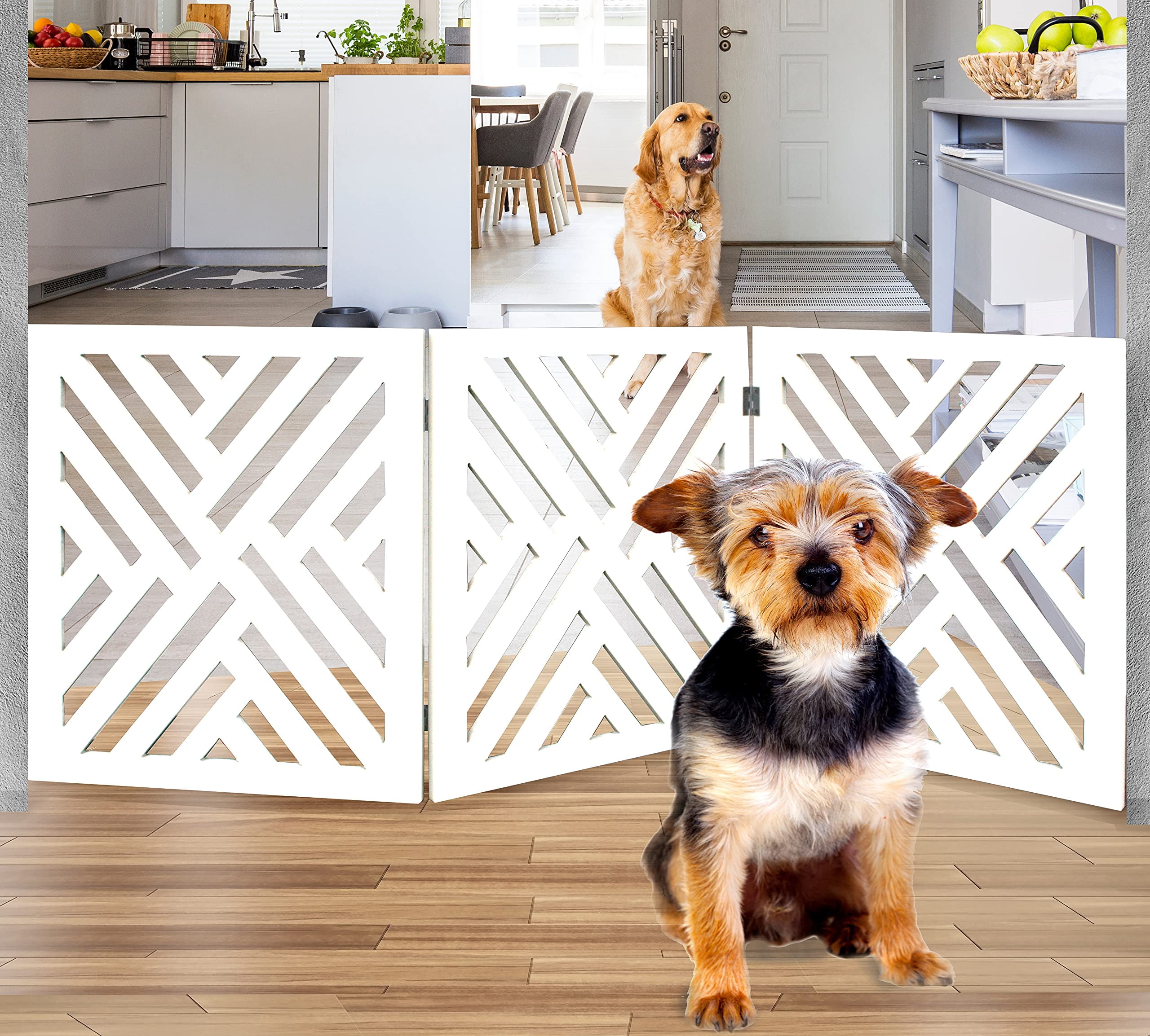 Bundaloo Freestanding Dog Gate Expandable Decorative Wooden Fence for Small to Medium Pet Dogs, Barrier for Stairs, Doorways, & Hallways (White Lattice)