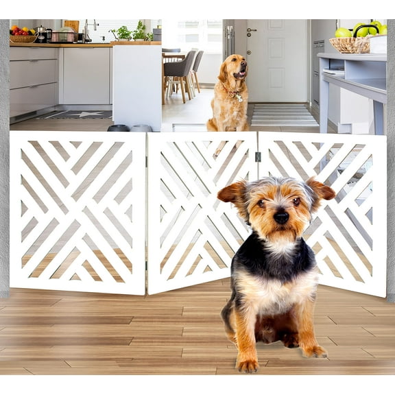 Bundaloo Freestanding Dog Gate Expandable Decorative Wooden Fence for Small to Medium Pet Dogs, Barrier for Stairs, Doorways, & Hallways (White Lattice)