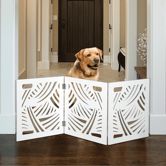 Bundaloo Freestanding Dog Gate Expandable Decorative Wooden Fence for Small to Medium Pet Dogs, Barrier for Stairs, Doorways, & Hallways ()