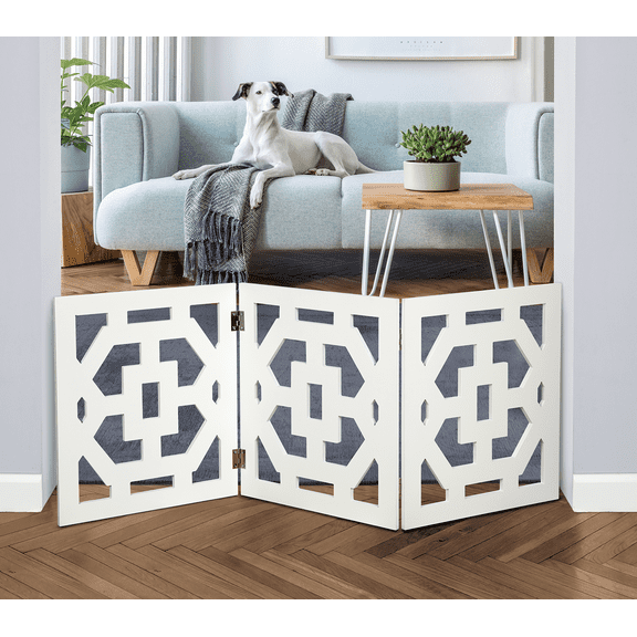 Bundaloo Freestanding Dog Gate Expandable Decorative Wooden Fence for Small to Medium Pet Dogs, Barrier for Stairs, Doorways, & Hallways