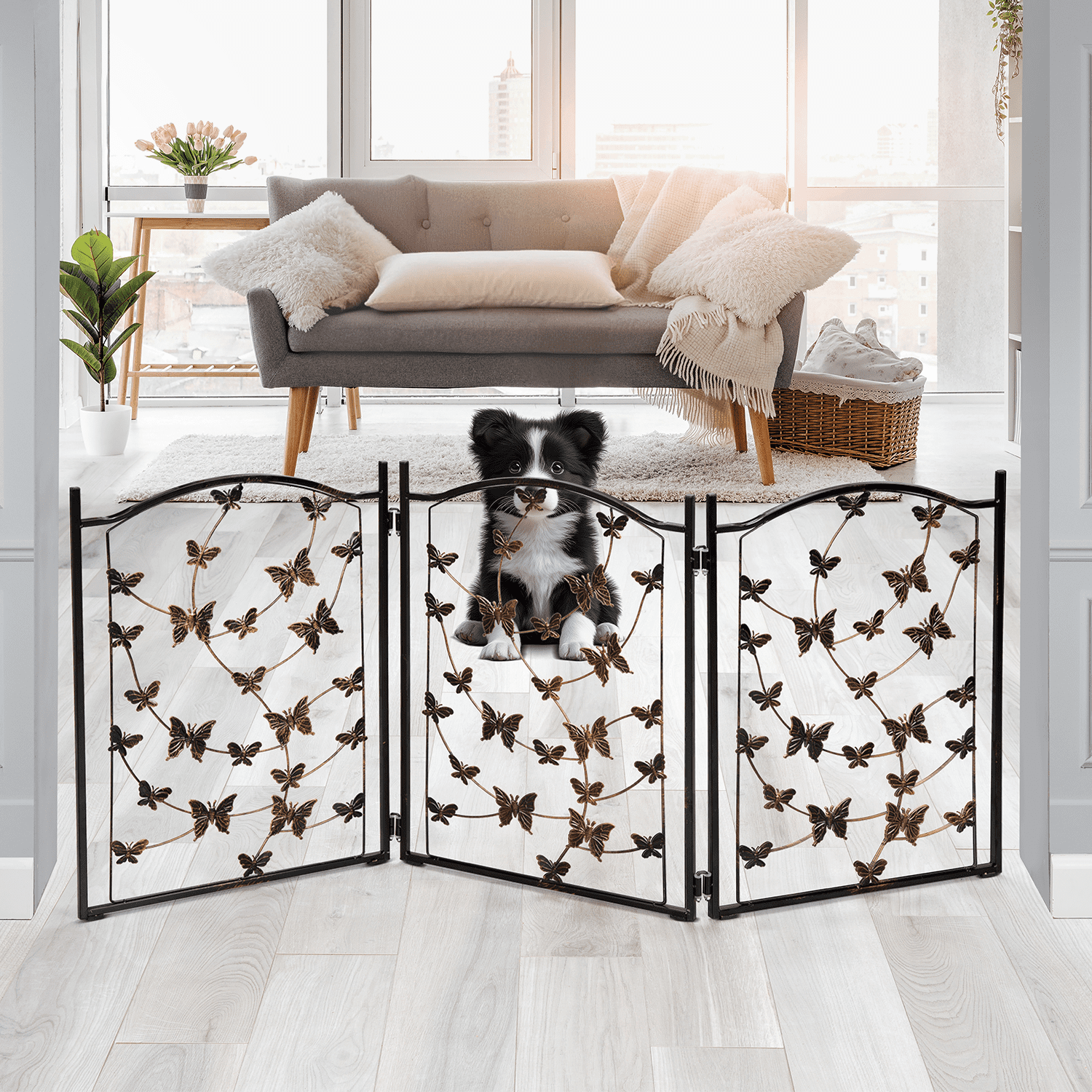 Bundaloo Freestanding Metal Folding Pet Gate, Medium, Foldable and Versatile, 24" Tall Expands Up to 45" - Black Bronze Rustic Butterfly Design