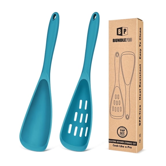 Bundelpro Pack of 2 Cooking Spoons for Non Stick Cookware, Multifunction Spatula Spoon BPA-Free, One-Piece Design, Suitable for Scooping, Scraping, Serving and Mixing (BLUE)