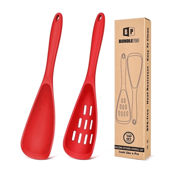 Bundelpro Pack of 2 Cooking Spoons for Non Stick Cookware, Multifunction Spatula Spoon BPA-Free, One-Piece Design, Suitable for Scooping, Scraping, Serving and Mixing (RED)