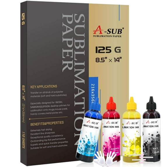 Bundle 110 Sheets A-SUB Sublimation Paper 8.5X14 inch 125gsm + A-SUB Sublimation Ink for All Inkjet Printers ET-2400 ET-2720 ET-2760 ET-2800 ET-2803 ET-4800 4760 2850 2750 WF7710 7720 etc