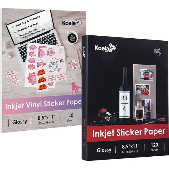 Bundle 140 Sheets - Koala Printable Vinyl Sticker Paper Glossy White Waterproof 20 Sheets + Koala Glossy Sticker Paper for Inkjet Printer 120 Sheets
