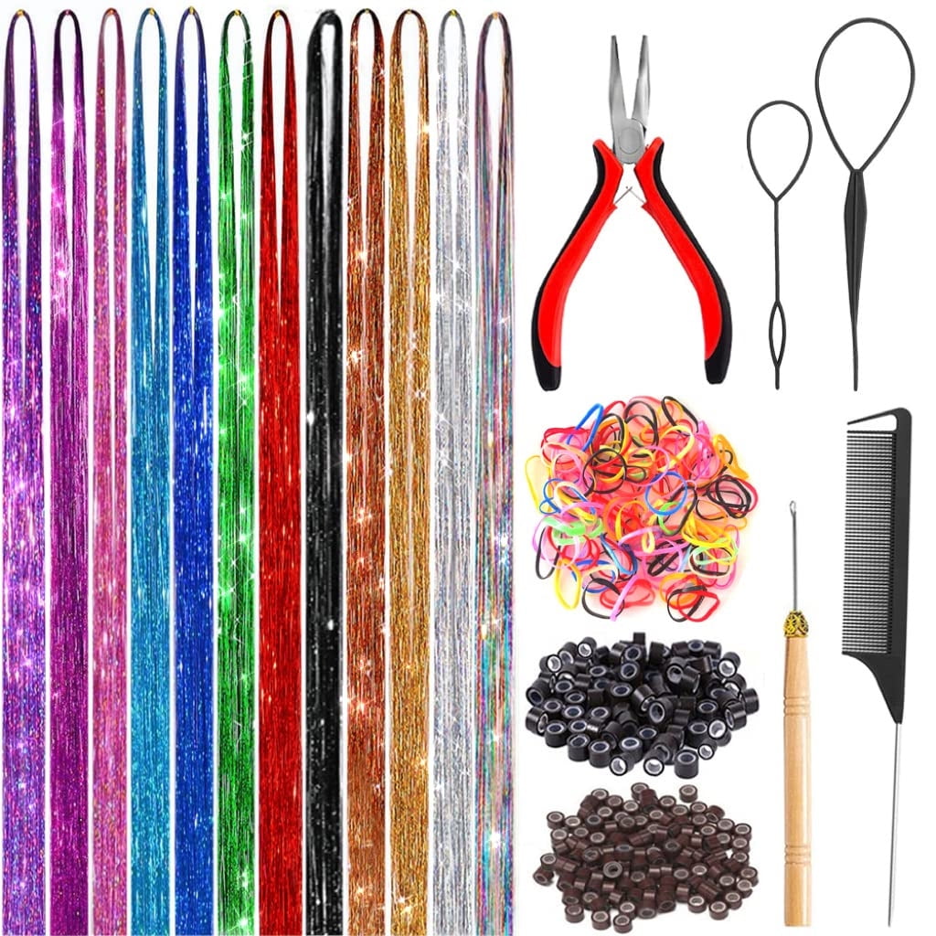 Bundle of 16 Color Mixing Hair Tinsel Kits Hair Tinsel Kits with Tools