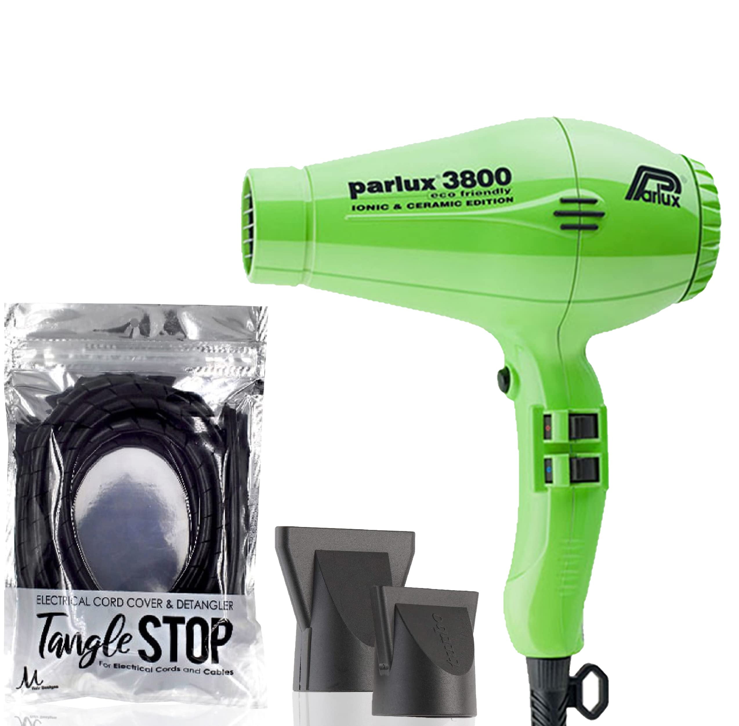 Bundle 2 1 Parlux 3800 Green Hair Dryer and 1 M Hair Designs Tangle Stop Cord Detangler Black