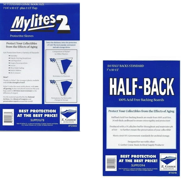 Bundle - 2 Items: 50 Mylites2 Standard Size Mylar Archival Sleeves, 50 Half Back Standard Size 24 Pt. Comic Backing Boards 725M2/700HB E. Gerber