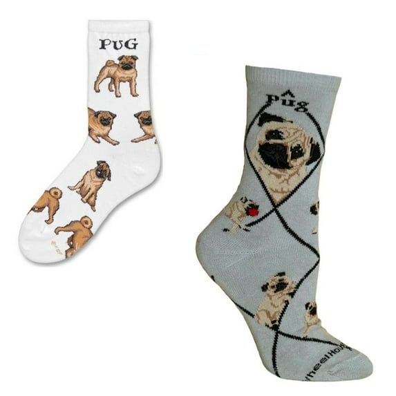 Bundle 2 Items: Pug on White and on Gray Medium Socks