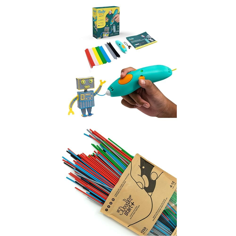 Bundle of 3Doodler Start+ Essentials (2024) 3D Pen Set for Kids + 3Doodler Start 3D Printing Filament Refill Bag (x250 Strands, Over 1250 ft. of Extruded Plastic) - Primary Pow