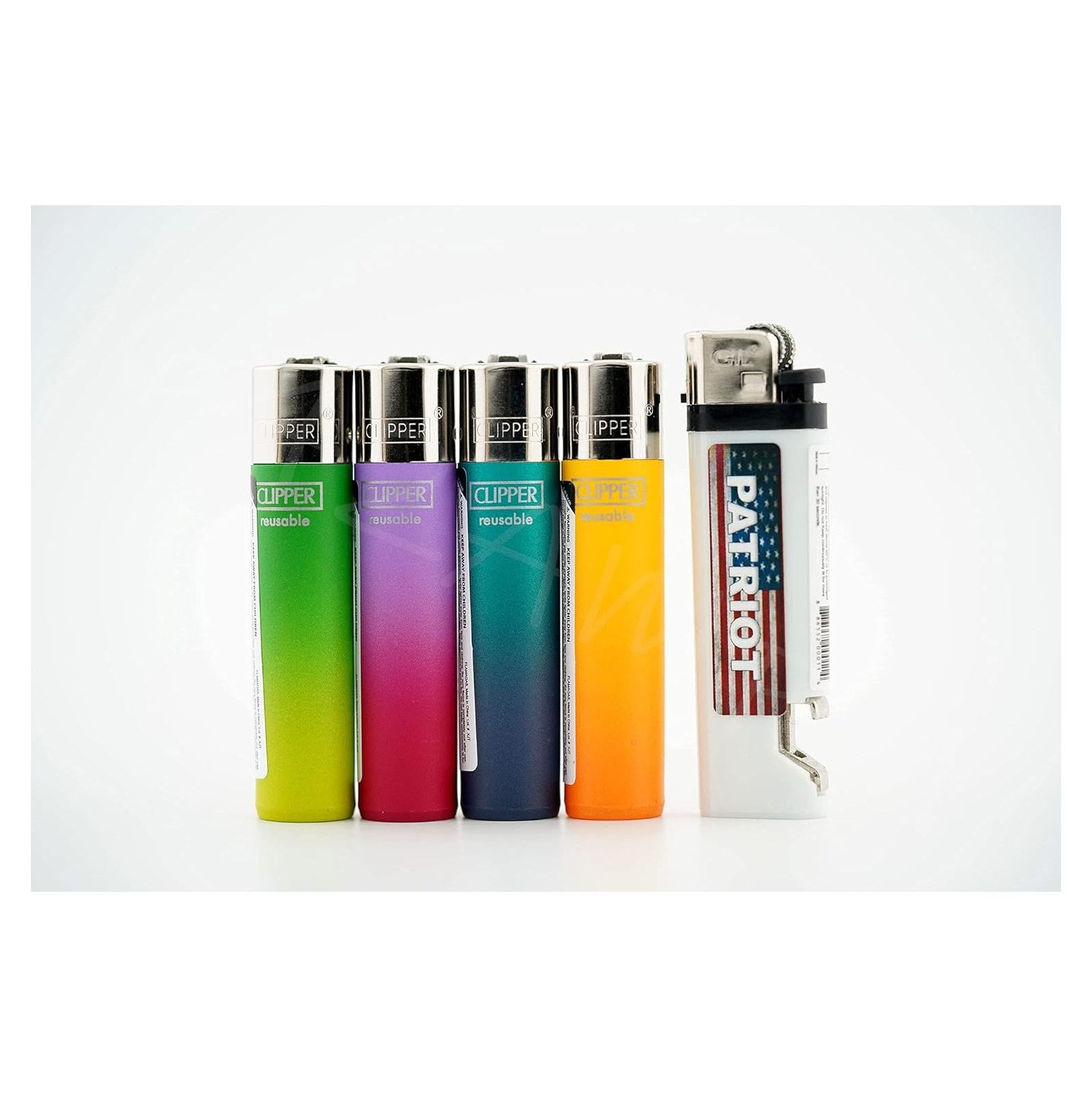 Bundle 5 Items 4X Clipper FullSize Refillable Regular Flame Lighters and Patriot Disposable
