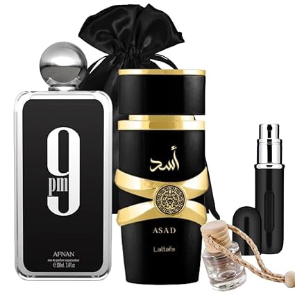 Bundle of 9 PM Afnan and Lattafa Asad Perfume for Men 3.4oz Eau de Parfum with 5ml Portable Refillable Atomizer and Refillable Car Freshener in a Satin Gift Bag