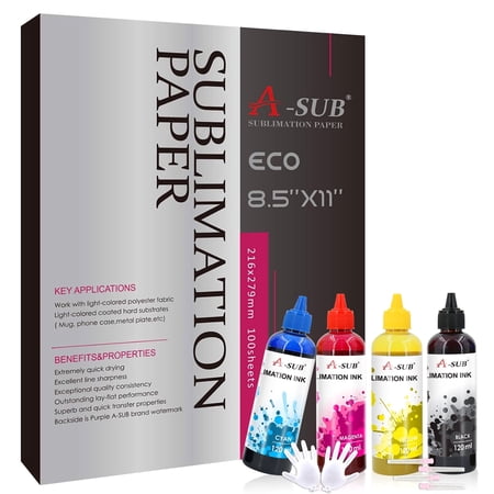 Bundle A-SUB 100 Sheets Sublimation Paper 8.5x11 inches eco 125g+ 4x 120ml A-SUB Sublimation Ink Compatible EcoTank Supertank Inkjet Printer ET-2400 ET-2720 ET-2760 ET-2800 ET-2803 ET-2830 4800
