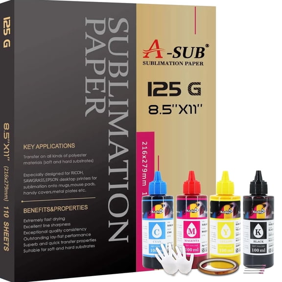 Bundle A-SUB 125g Sublimation Paper 8.5x11 inches 110 Sheets + 4x 100ml KOALA Sublimation Ink Compatible with All Inkjet Printers