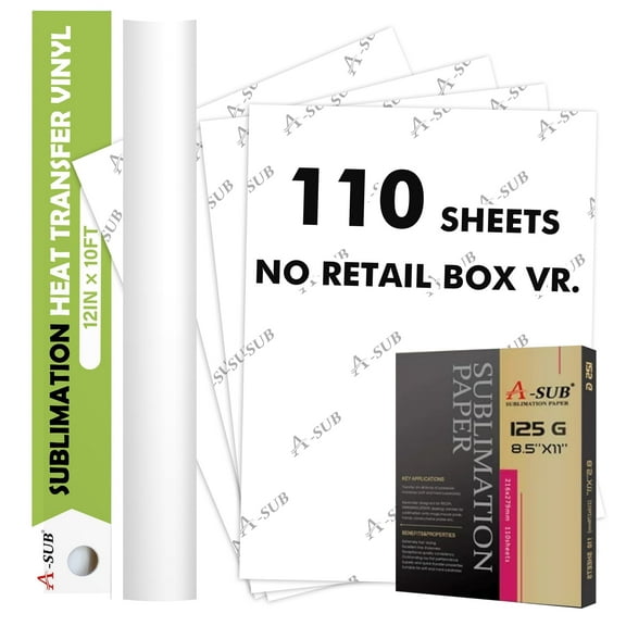 Bundle - A-SUB Sublimation HTV for Light Fabrics 12"x10FT Matte Clear HTV Vinyl for Sublimation + 110 Sheets A-SUB Sublimation Paper 8.5X11 Inch 125gsm for Inkjet Printer Heat Transfer DIY Gifts