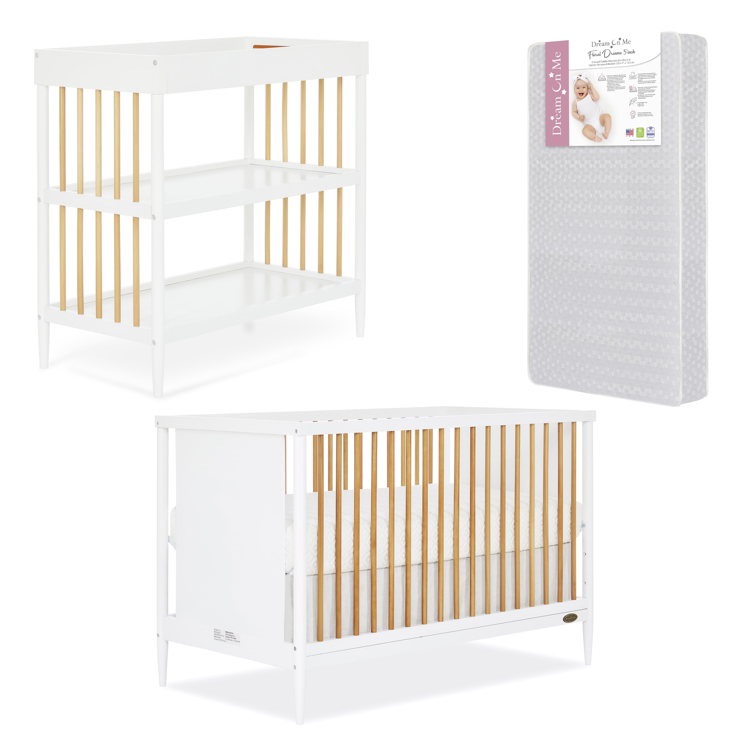 Bundle of Dream On Me Clover 4 in 1 Modern Island Crib with Rounded Spindles, Dream On Me Clover Changing Table, with a Dream On Me Honeycomb Firm Fiber Standard Crib Mattress, White And Natural