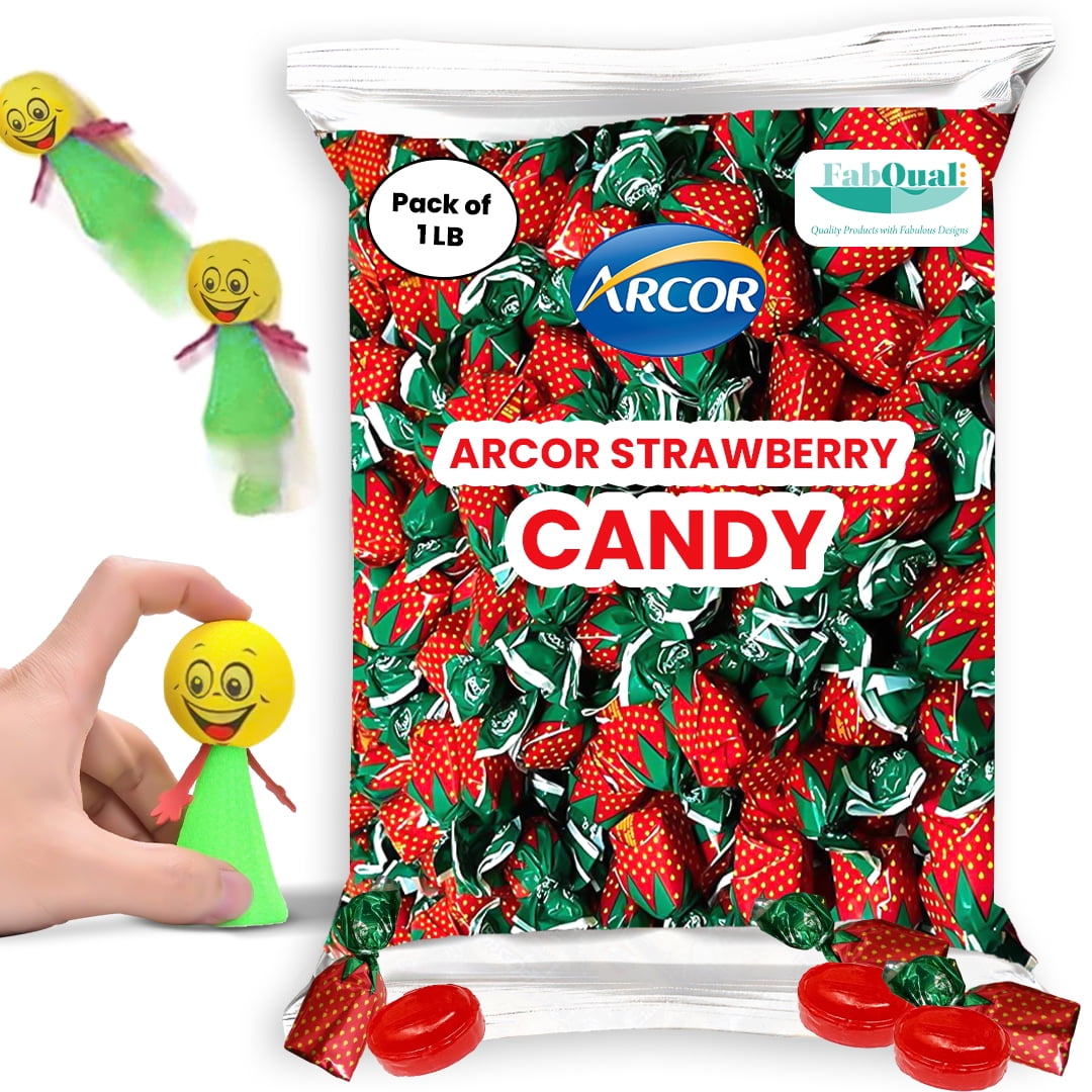 Bundle of Fabqual With Arcor Strawberry Candy Bulk | Arcor Strawberry Bon Bons | strawberry candy individually wrapped | Hard Strawberry Candy & Bounce Doll Toy (1LB)