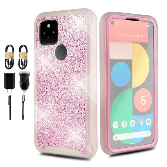 Bundle and for Google Pixel 5 5G Glitter Case Phone Case Dual Layer Full-Body Rugged Clear Back Case Drop Resistant Shockproof Case with Built In Screen Protector