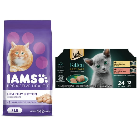 Bundle: IAMS PROACTIVE HEALTH Healthy Kitten Dry Cat Food with Chicken, 7 lb. Bag & SHEBA PERFECT PORTIONS Kitten Chicken and Salmon Entr?es Variety Pack, 12-Pack of 2.64 oz. Singles