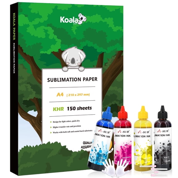 Bundle Kit Koala 150 Sheets 100g Sublimation Paper A4 + 480ml Sublimation Ink for Inkjet EcoTank Supertank Inkjet Printer ET-2400 ET-2720 ET-2760 ET-2800 ET-2803 ET-2830 ET-4800 ET-3760 ET-2850