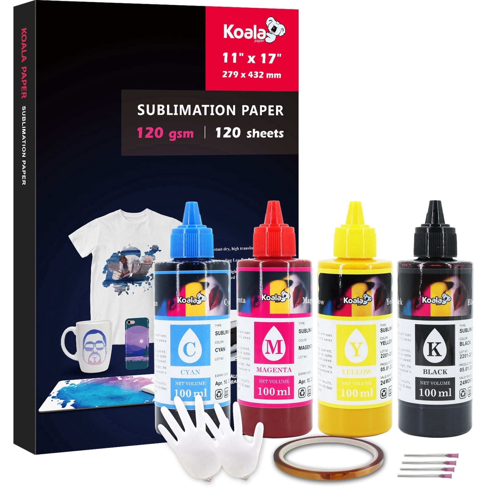 Bundle Kit for 120 Sheets Koala Sublimation Paper 11X17 120g + 4X100ml Koala Sublimation Ink for Inkjet Sublimation Ink Printer Heat Transfer