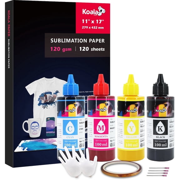 Bundle Kit for 120 Sheets Koala Sublimation Paper 11X17 120g + 4X100ml Koala Sublimation Ink for Inkjet Sublimation Ink Printer Heat Transfer