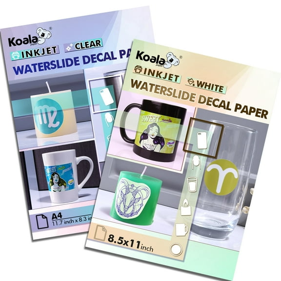 Bundle Kit for Koala Waterslide Decal Paper CLEAR + WHITE Water Slide Transfer Paper for Inkjet Printers 10 Sheets 8.5x11 Inch A4