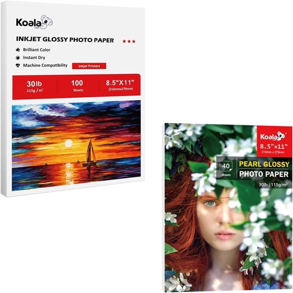 Bundle Koala Inkjet Glossy Printer Paper 30lb + Koala Pearl Glossy Photo Printer Paper, 140 Sheets,8.5x11 inch, for DIY Chip Bags, Brochures, Flyers