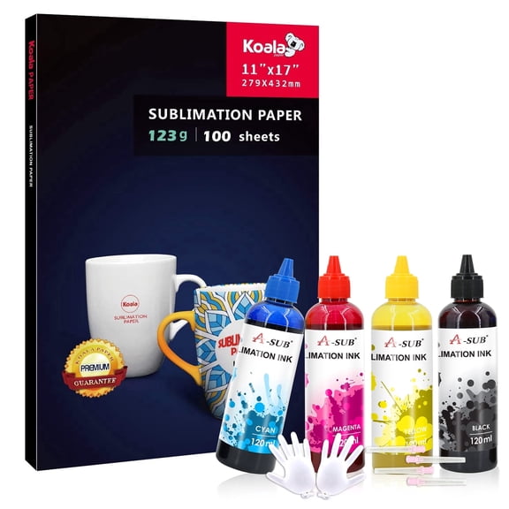 Bundle Koala Sublimation Paper 11X17 Inch 100 Sheets 123g + A SUB Sublimation Ink Refill CMYK 480ML for All Inkjet Printers Ecotank Workforce XP