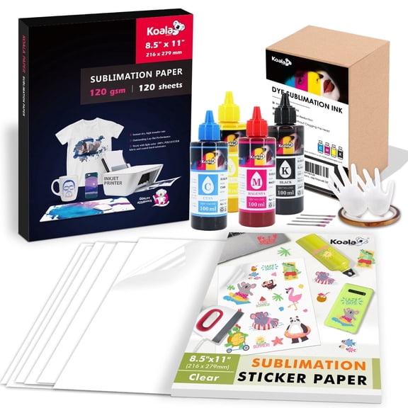 Bundle - Koala Sublimation Paper 8.5x11 120g 120 Sheets+ Koala Sublimation Sticker Paper Clear Matte 25 Sheets + Koala Sublimation Ink 400ML for Inkjet Printers