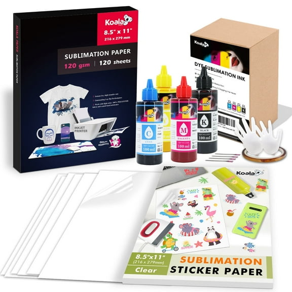 Bundle - Koala Sublimation Paper 8.5x11 120g 120 Sheets+ Koala Sublimation Sticker Paper Clear Matte 25 Sheets + Koala Sublimation Ink 400ML for Epson Inkjet Printers