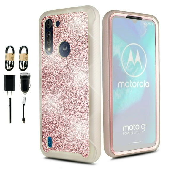 Bundle and for Moto G8 Power LITE Glitter Phone Case Dual Layer Full-Body Rugged Clear Back Case Drop Resistant Shockproof Case with Built In Screen Protector