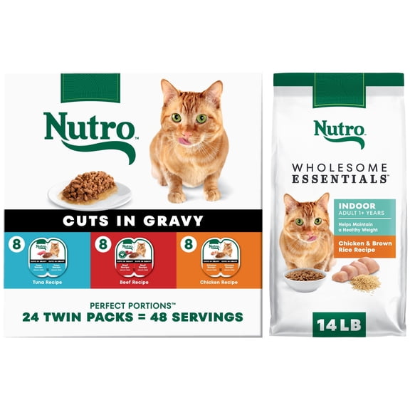 Bundle: NUTRO Grain Free Wet Cat Food Cuts in Gravy Beef, Tuna, & Chicken Variety Pack, (24) 2.64 oz. PORTIONS & NUTRO WHOLESOME ESSENTIALS Dry Cat Food, Indoor Cat Chicken & Brown Rice, 14 lb. Bag