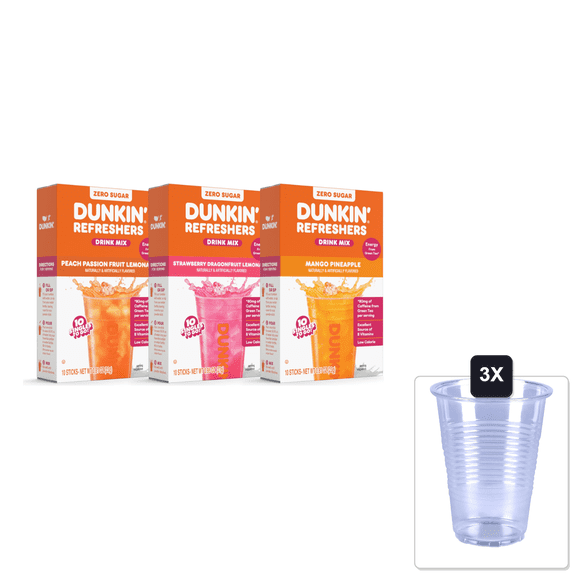 Bundle Of Dunkin Refreshers Singles To Go! Powdered Drink Mix Packets, 3 Flavor & 3x 16oz Plastic Cup with Strawless Sip-Lid