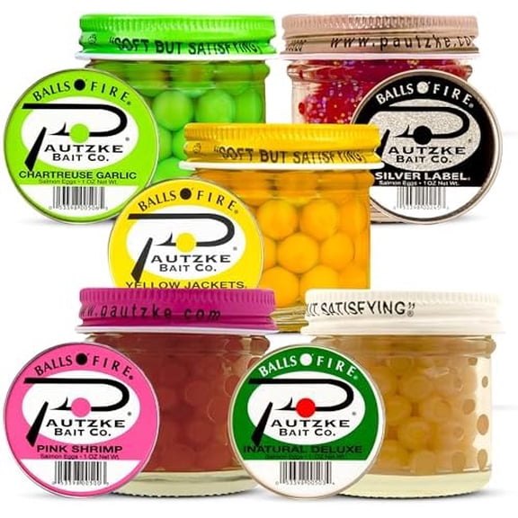 Bundle of Pautzke Balls-o-Fire 5 Pack, Natural Salmon Eggs Fishing Bait, Trout Bait, Fish Eggs for Salmon Fishing, Yellow Jacket, Green Label, Silver Label, Natural, Pink Shrimp