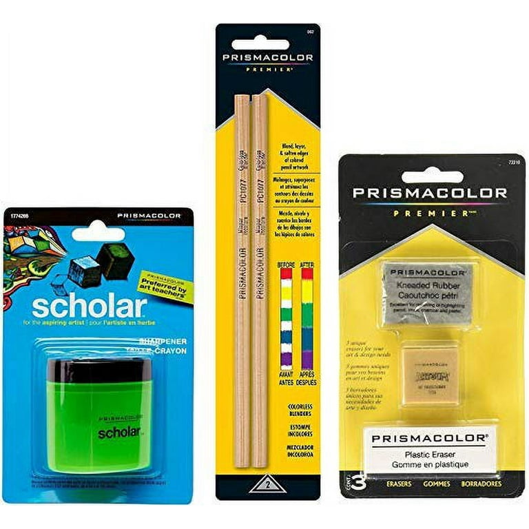 Bundle Prismacolor Blender Pencil Colorless, 2-Pack + Prismacolor 3 Eraser Set + Prismacolor Scholar Colored Pencil Sharpener