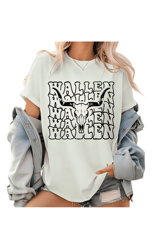 Bundle Retro Wall-en Bull Skull Walen Bundle Graphic Tops, Wall-en Bull Skull Pattern T Shirt, Walen Western Cowboy Tee, Walen Bull Head Shirts White,M