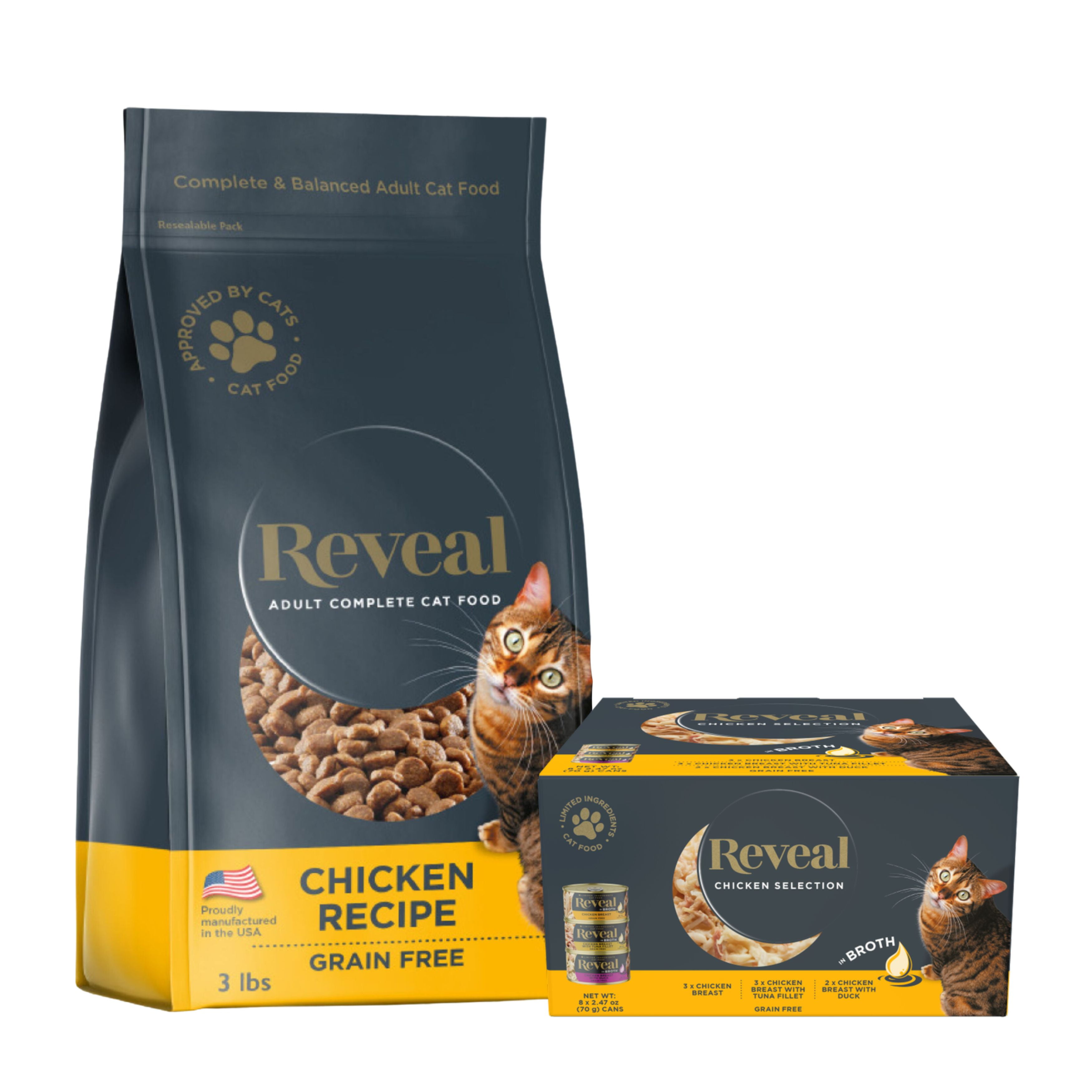 Bundle Reveal Pet Food Dry Cat Food Chicken 3lb Reveal Pet Food Wet Cat Food Chicken Variety Pack in Broth 2.47oz Cans Walmart