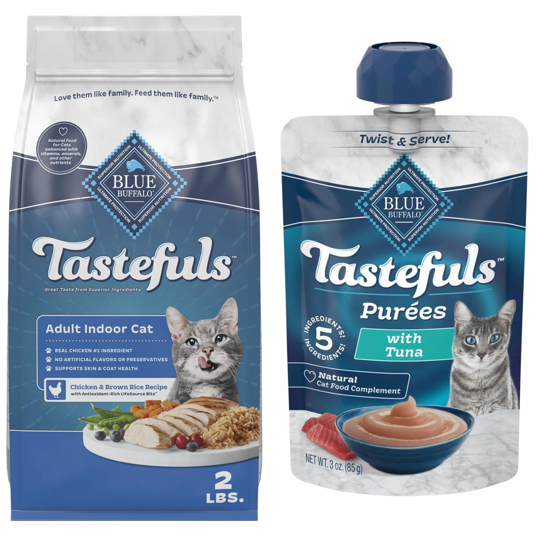 Bundle & Save: Blue Buffalo Tastefuls Chicken & Brown Rice Dry Food for Adult Indoor Cats, 2lb Bag and Tastefuls Adult Cat Natural Purées, Tuna 3-oz Resealable Twist Cap Pouch