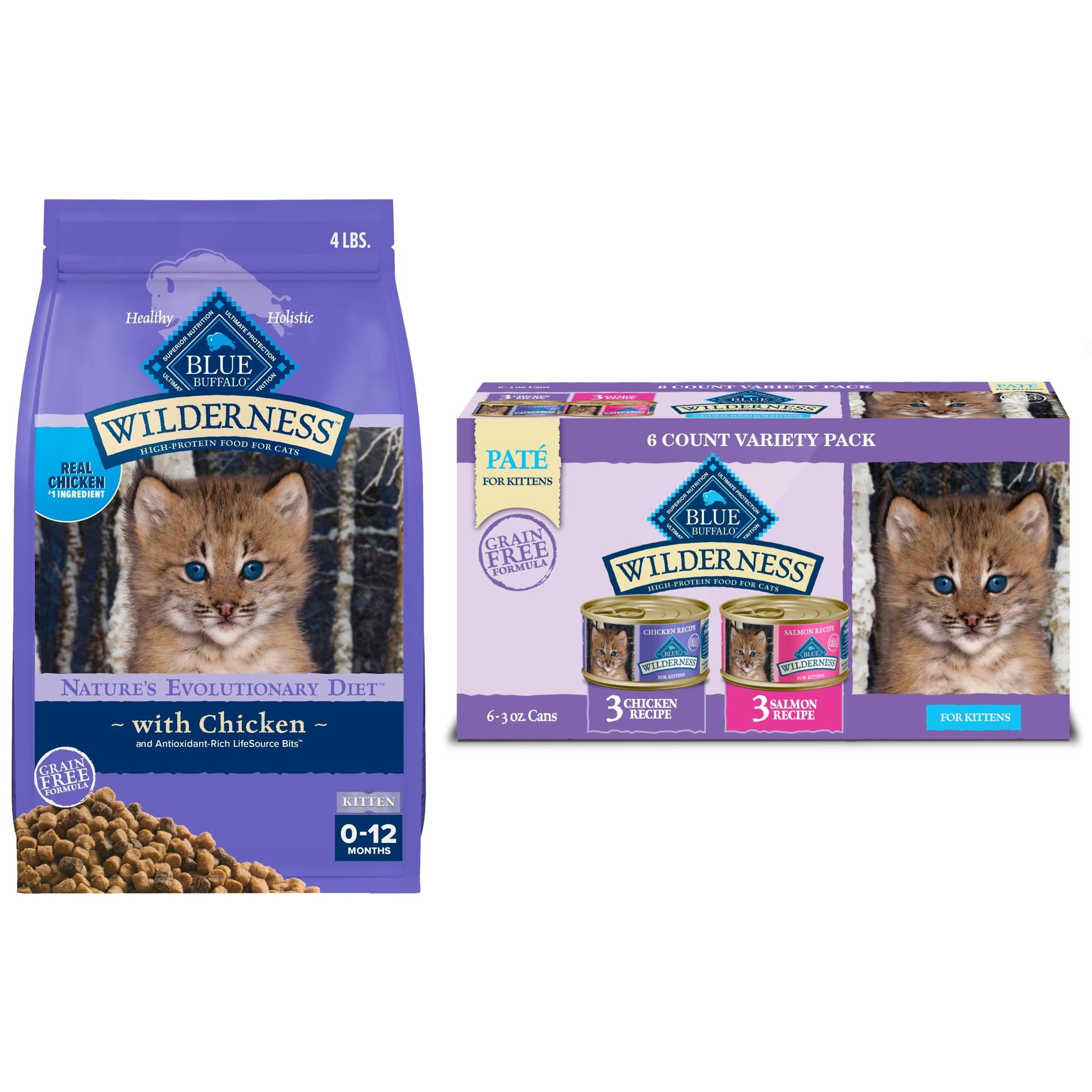 Bundle and Save: Blue Buffalo Wilderness Natural Kitten Dry Cat Food, High-Protein, Chicken, 4-lb. Bag and Wet Kitten Food, Chicken & Salmon Variety Pack, 3-oz. (6 Count)