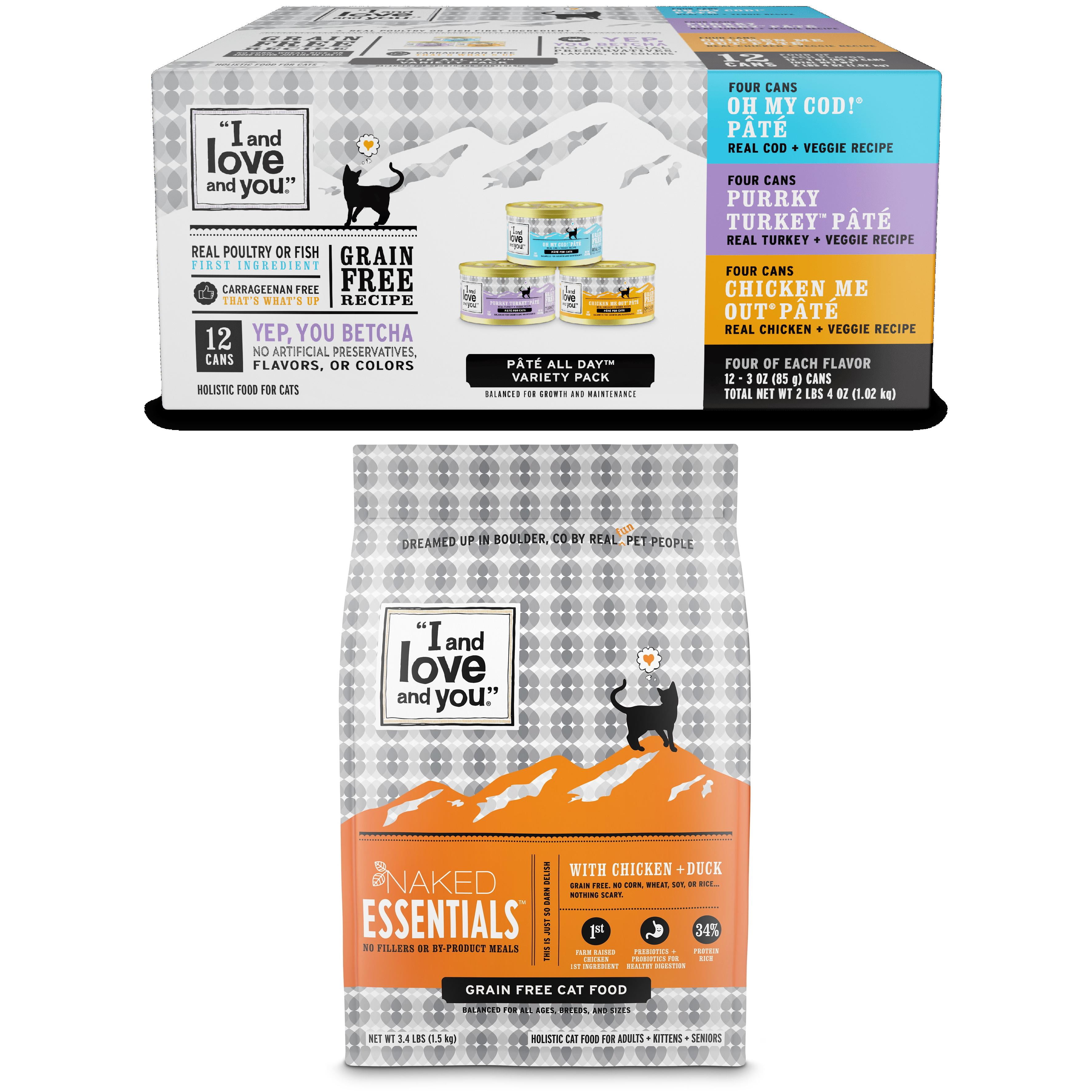 Bundle & Save: I and Love and You Naked Essentials Chicken + Duck Dry Cat Food, 3.4 lb. and I and Love and You Pâté All Day 12 ct Variety Pack Pâté Pairing Cat Food Dining Duo Bundle